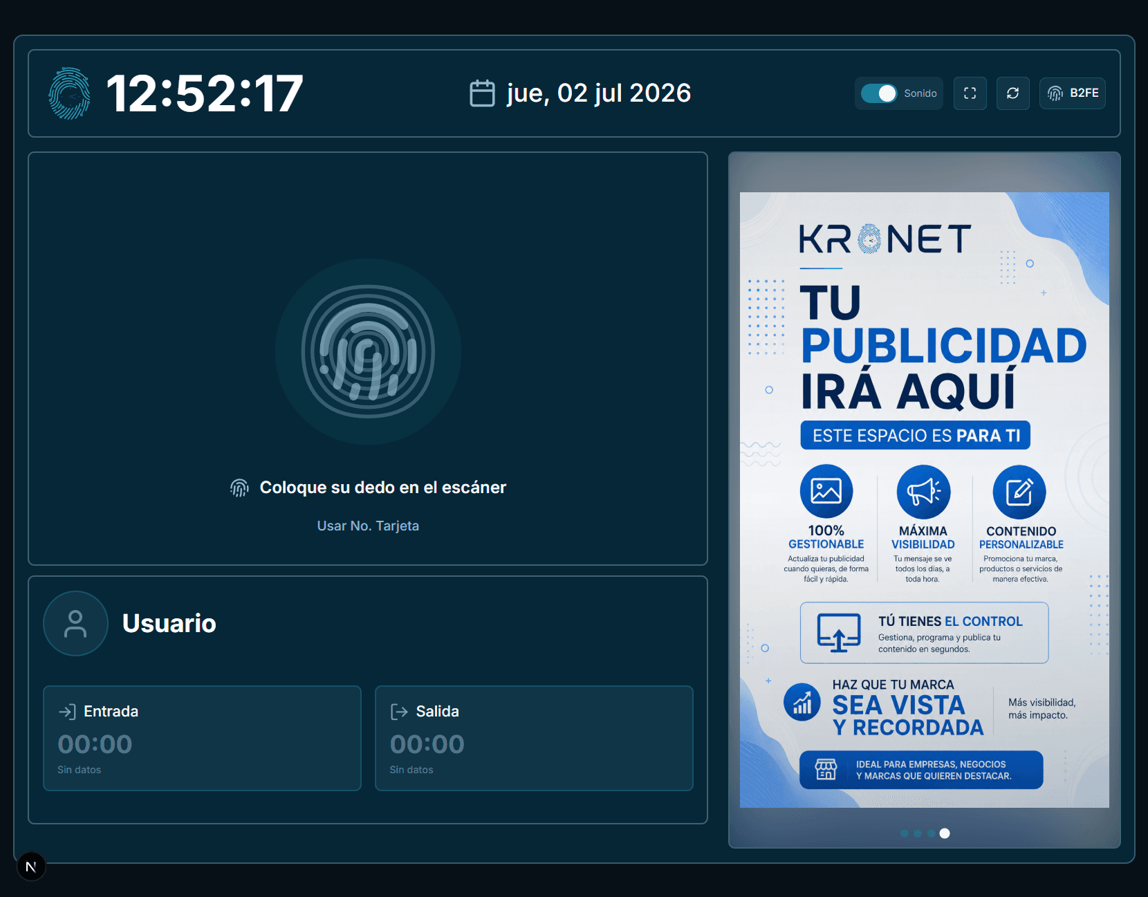 Kiosko Kronet mostrando publicidad a pantalla completa mientras espera